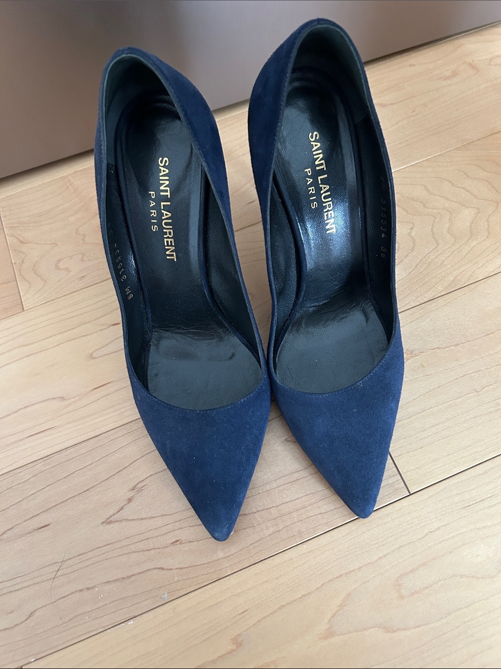 SAINT LAURENT Navy Suede Pointed Pumps - Size 36